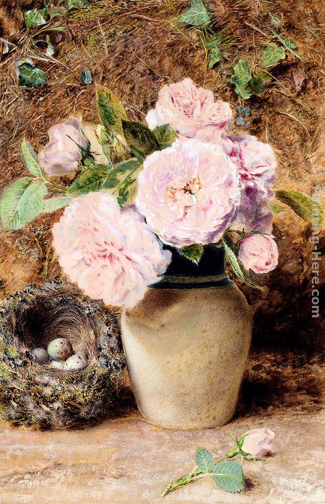 William Henry Hunt Still Life With Roses In A Vase And A Birds Nest